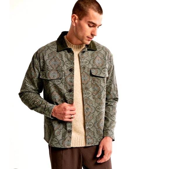 Abercrombie Fitch Jacket Men's Large Twill Shirt Shaket Corduroy Collar Barn - Picture 1 of 12
